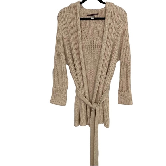 Peruvian Connection Hooded Ribbed Knit Tie Waist Cardigan